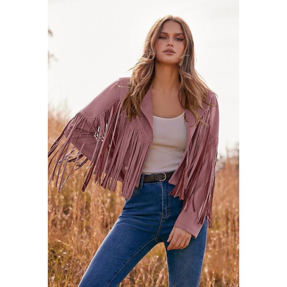 🆕Women's Dark Pink Fringe Faux Suede Leather Jacket Tassel Cropped Fall Coat - Picture 7 of 9